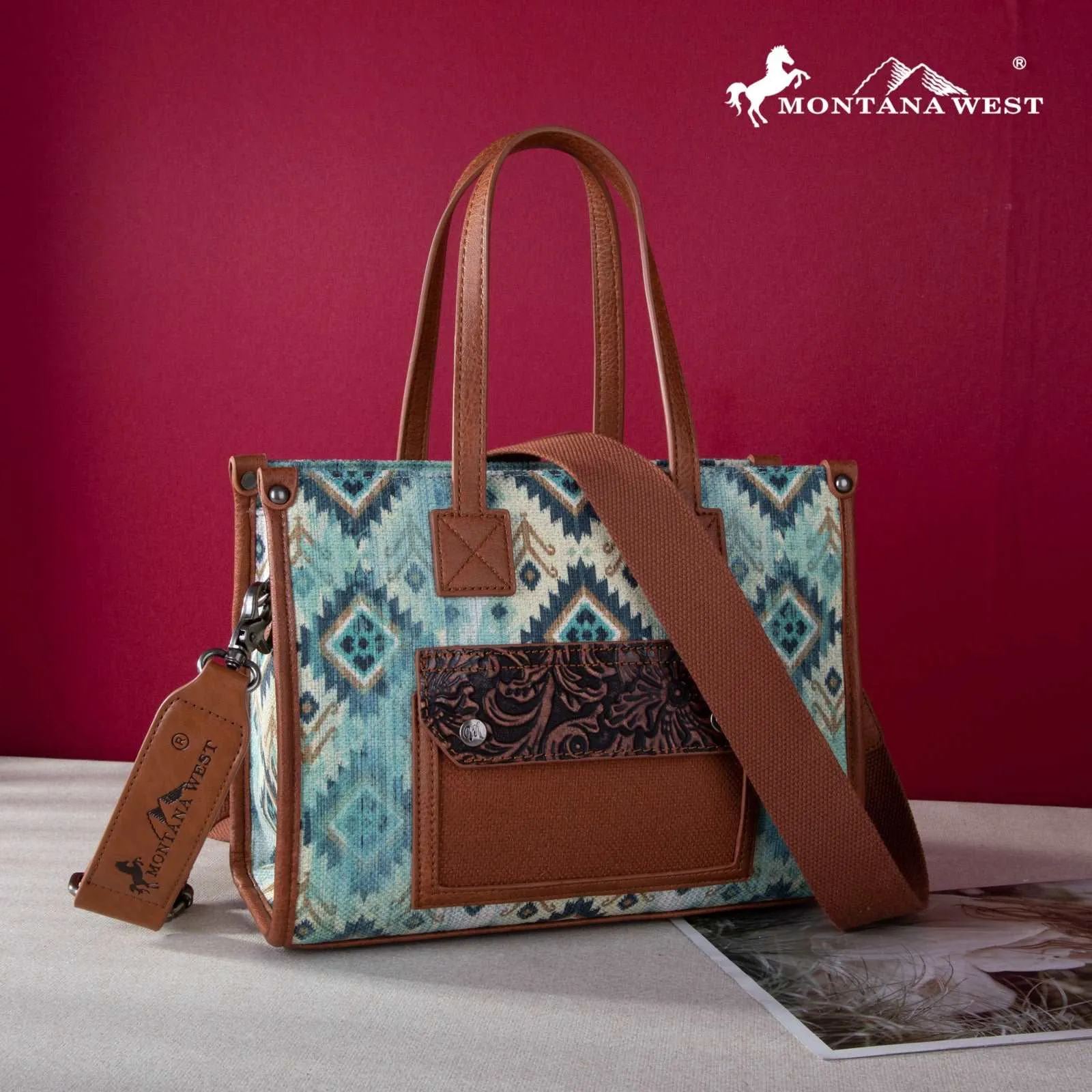 Montana West Allover Aztec Floral Tooled Crossbody Canvas Tote