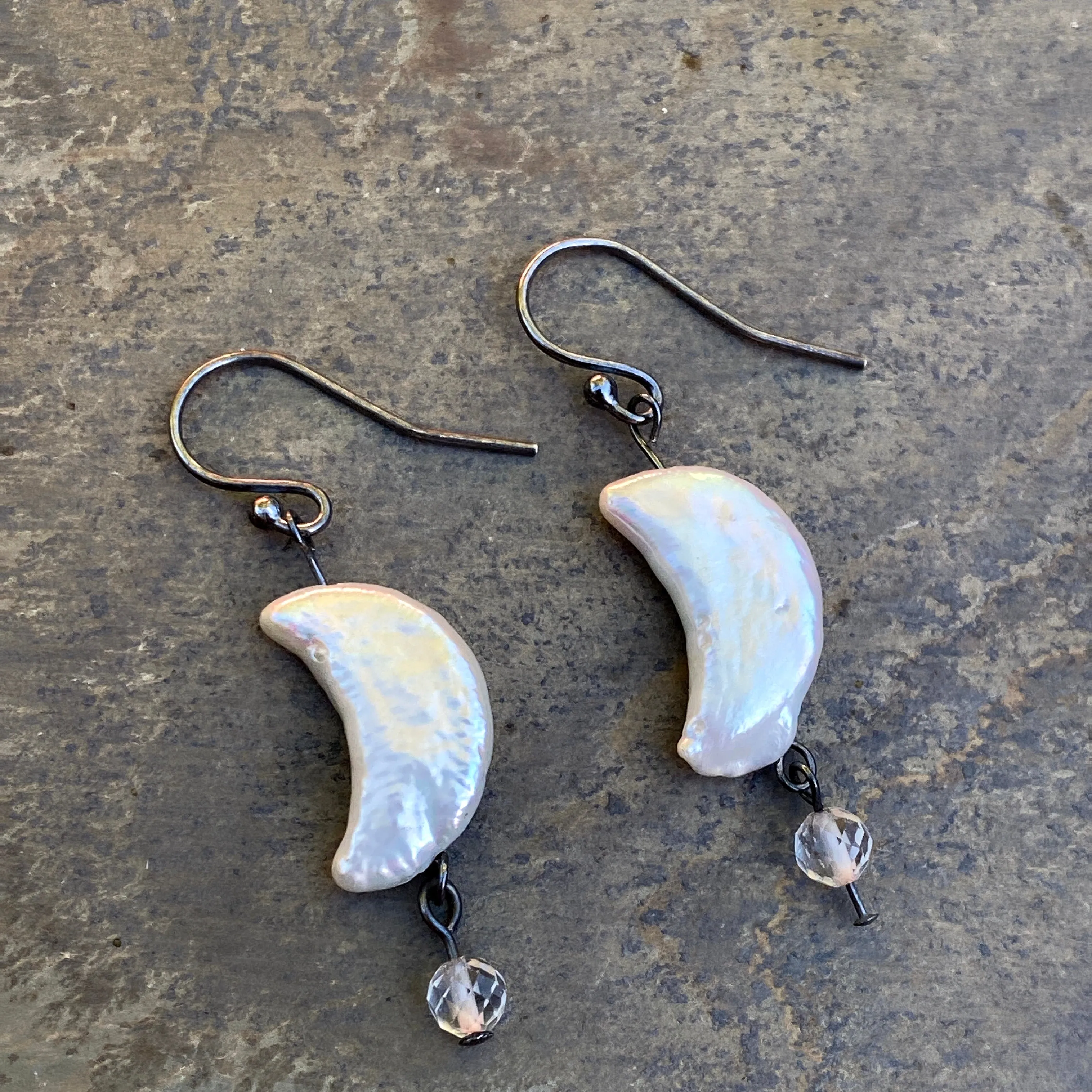 Mother of Pearl Moon and White Topaz Gemstone Drop Earrings