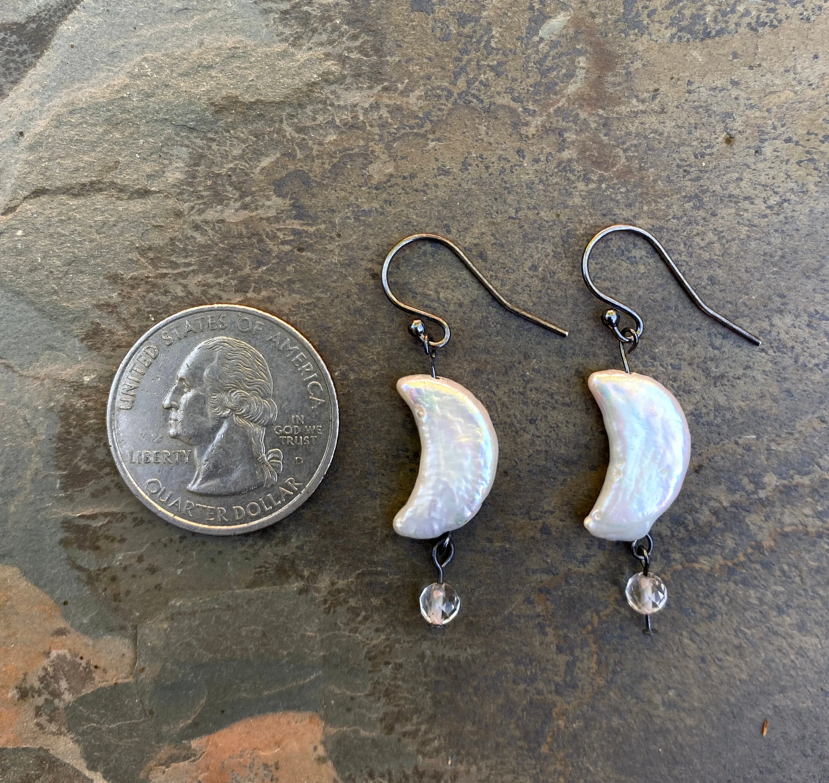 Mother of Pearl Moon and White Topaz Gemstone Drop Earrings