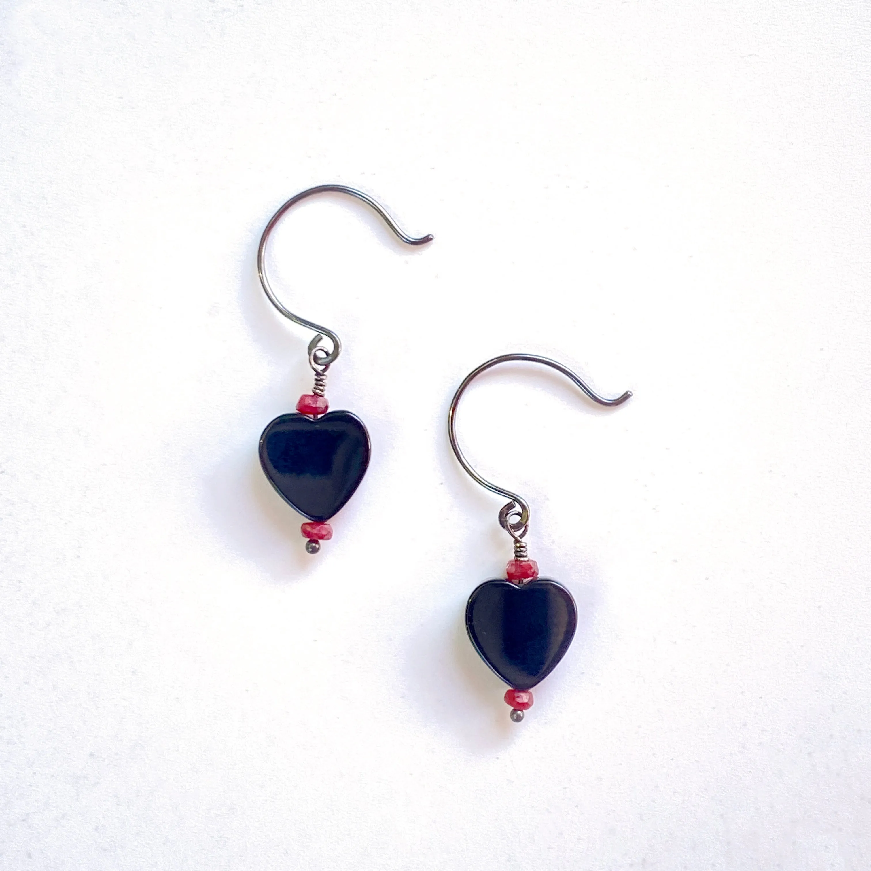 Onyx Heart Earrings With Rubies