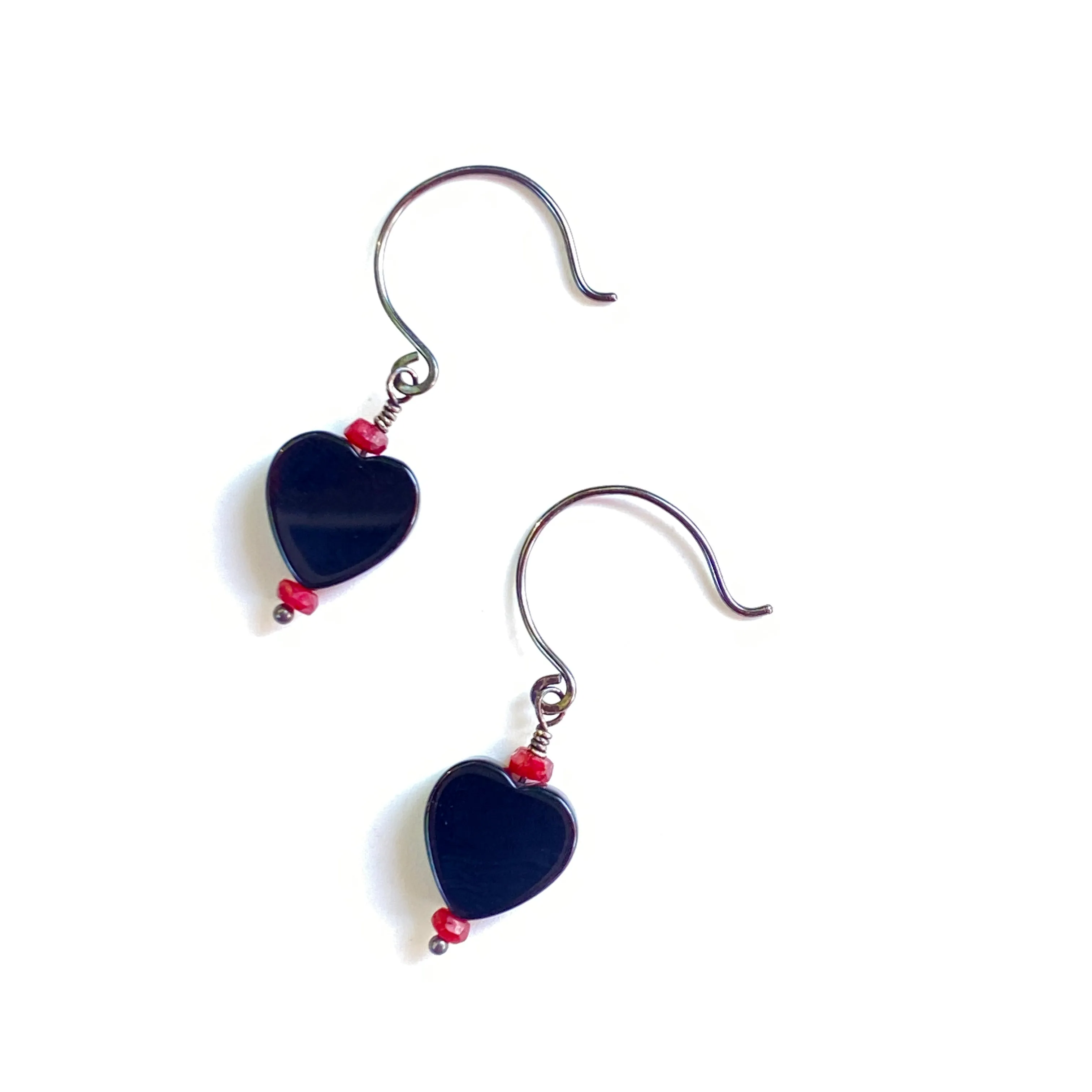 Onyx Heart Earrings With Rubies