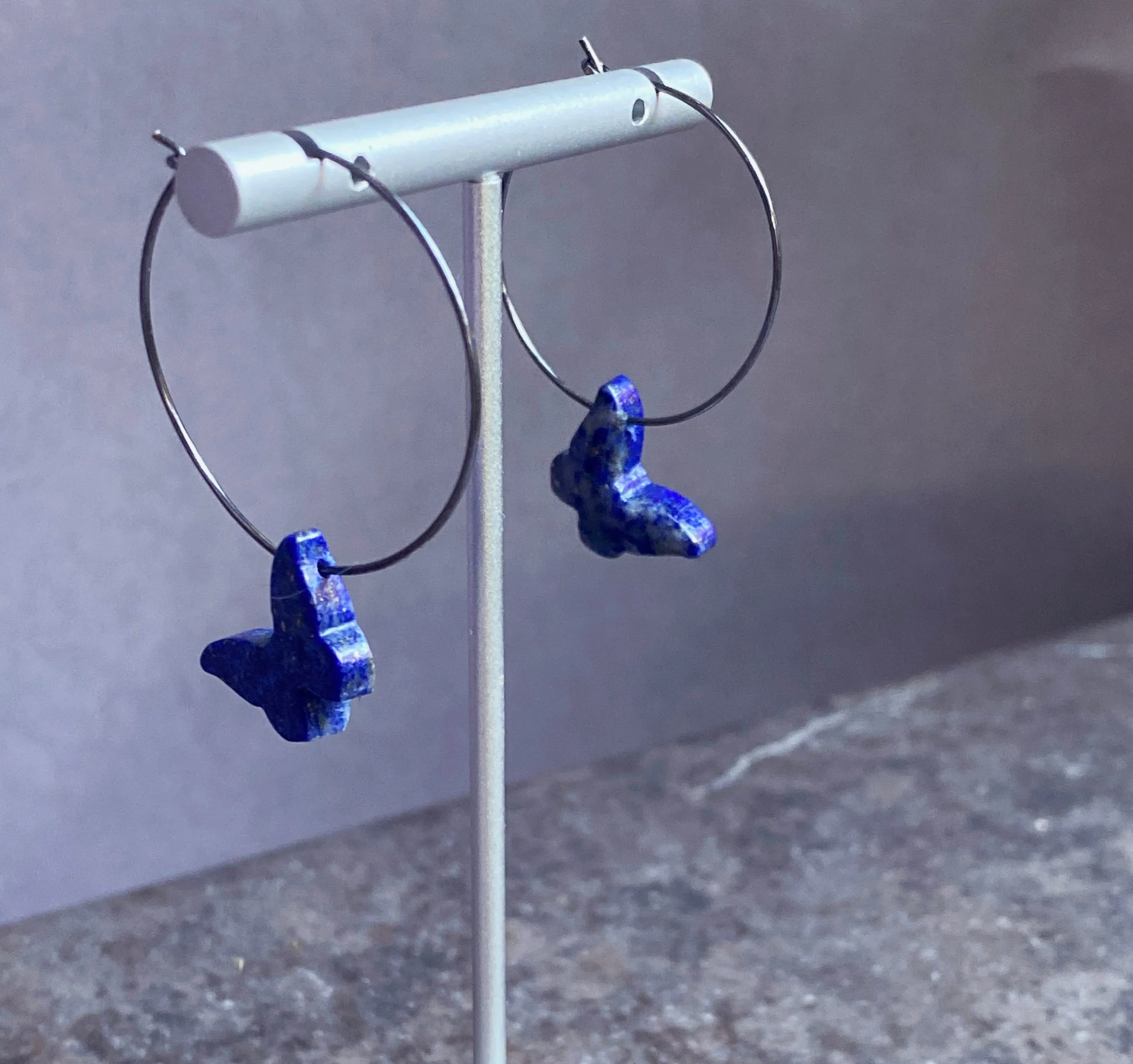 Oxidized Sterling silver hoops with Lapis Lazuli Gemstone butterflies