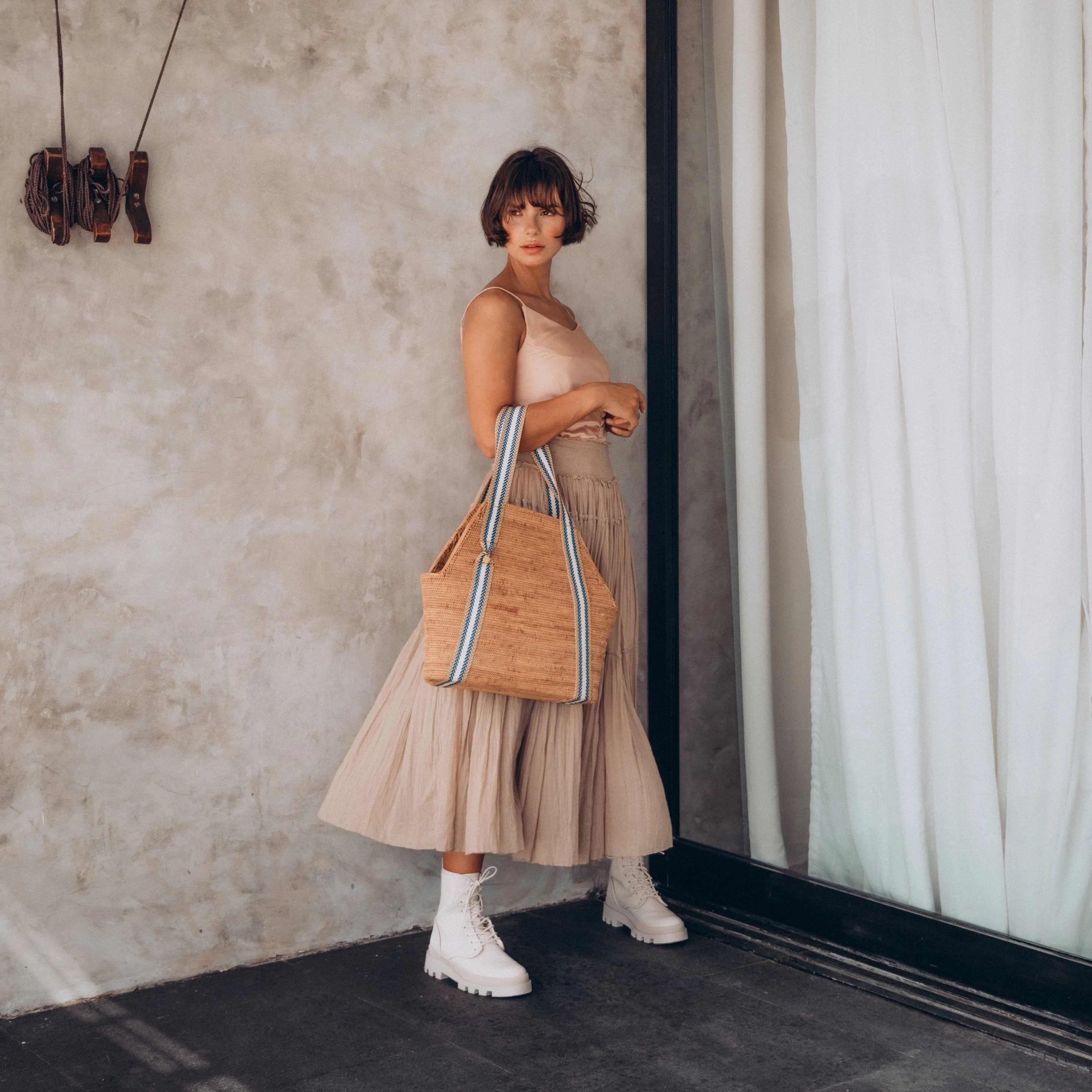 Poso Handwoven Atta Vegan Large Shopper Bag | Natural & Blue Stripe