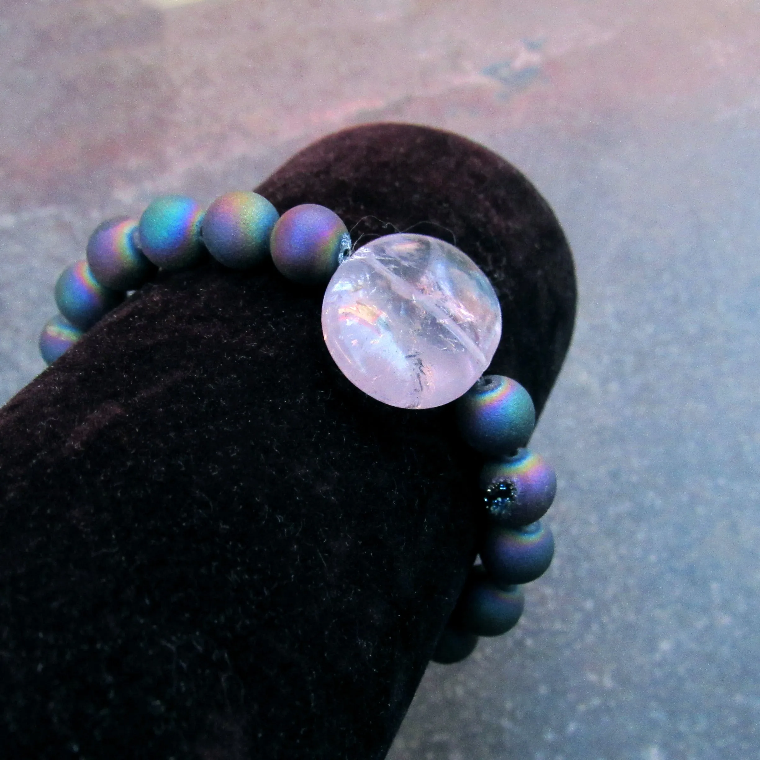 Rainbow Druzy Agate and Amethyst Gemstone Stretch Bracelet