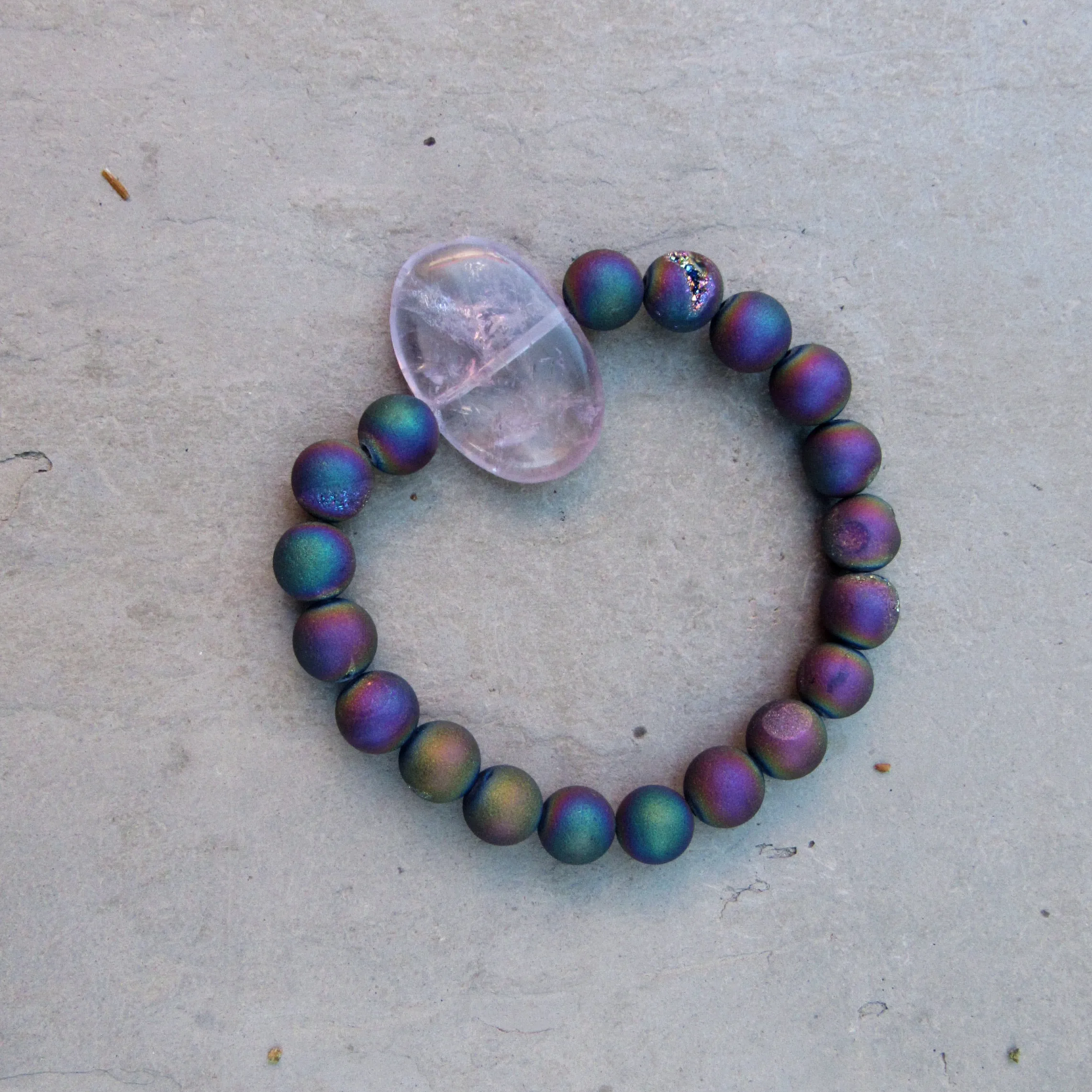 Rainbow Druzy Agate and Amethyst Gemstone Stretch Bracelet