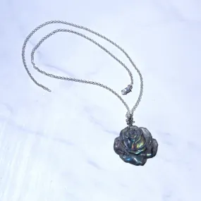 Rainbow Labradorite Carved Rose, Hand Wrapped w/ Sterling Silver on Sterling Silver Chain