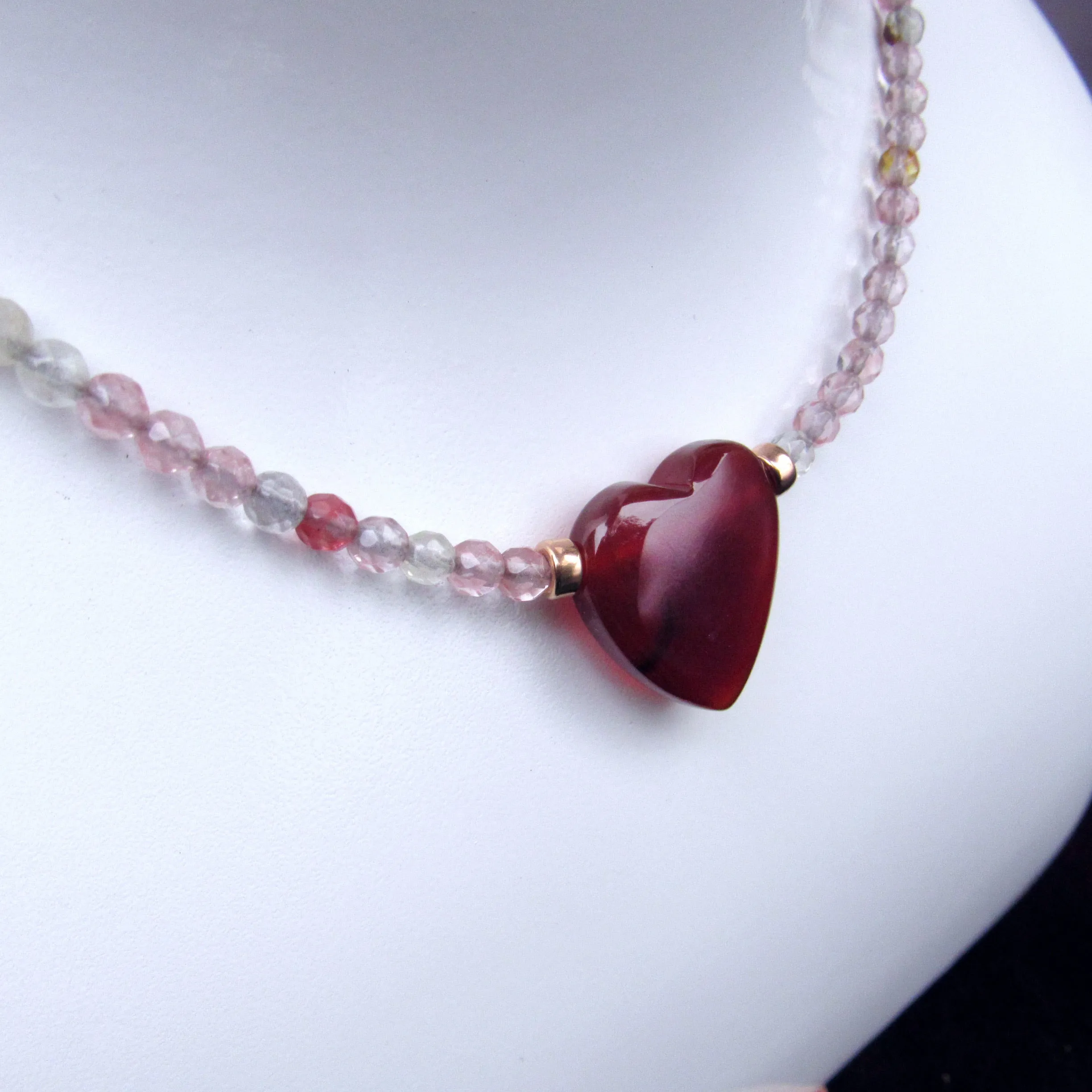 Red Agate Gemstone Heart, Cherry Quartz , 14 kt Rose Gold Fill Necklace