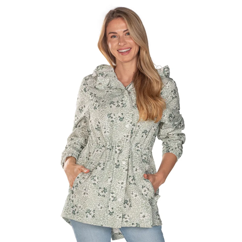 Sage Floral Hooded Drawstring Raincoat