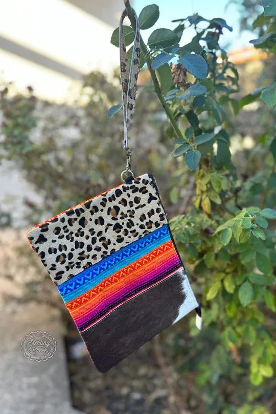 Serape cowhide make up bag wristlet