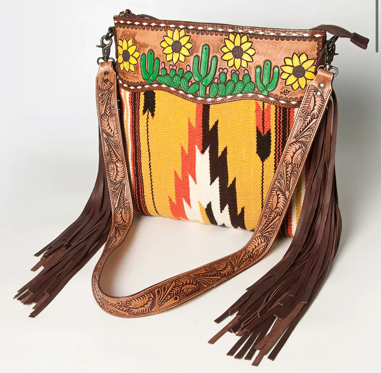 Sunflower Cactus Saddle Blanket Tooled Leather Crossbody 2