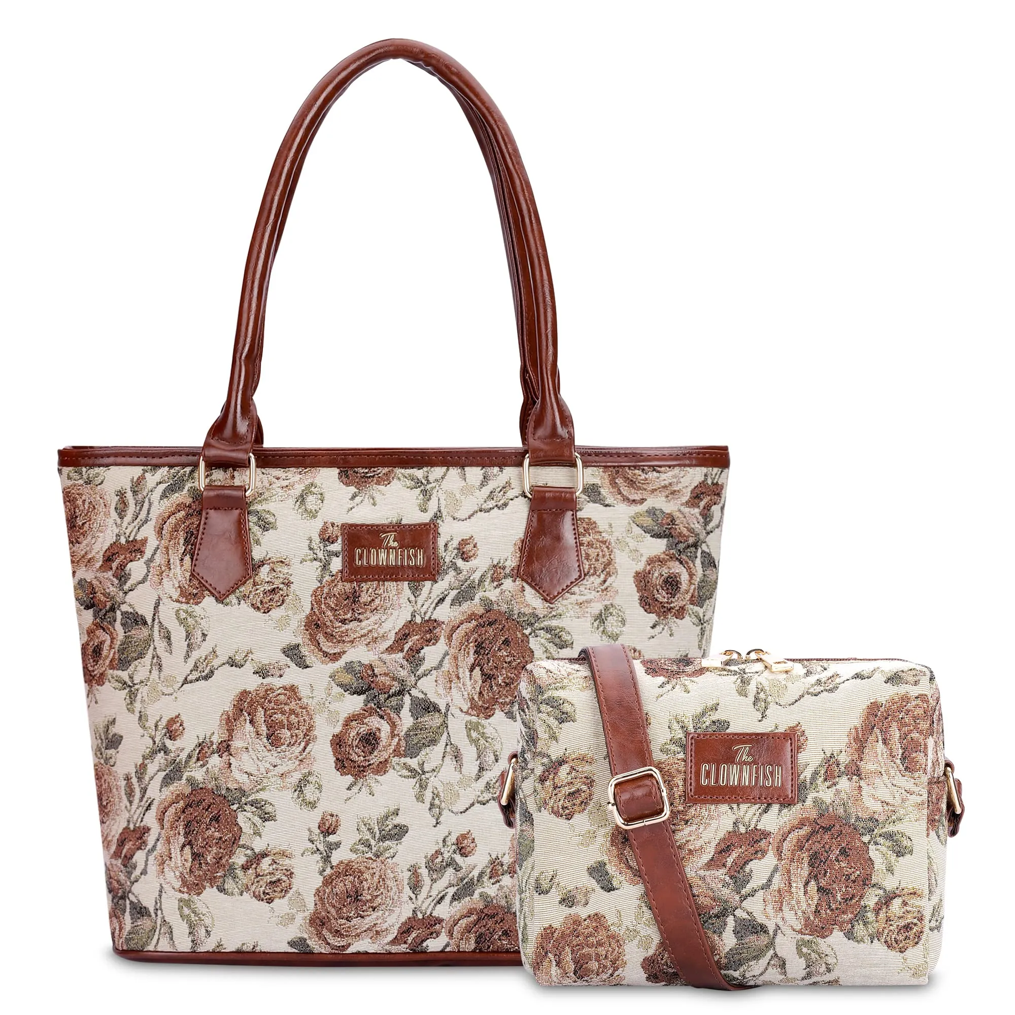 THE CLOWNFISH Combo Of Adelina Sling for Women Crossbody Bag for Ladies College Girls & Justina Tapestry Fabric & Faux Leather Handbag for Women (Brown-Floral)