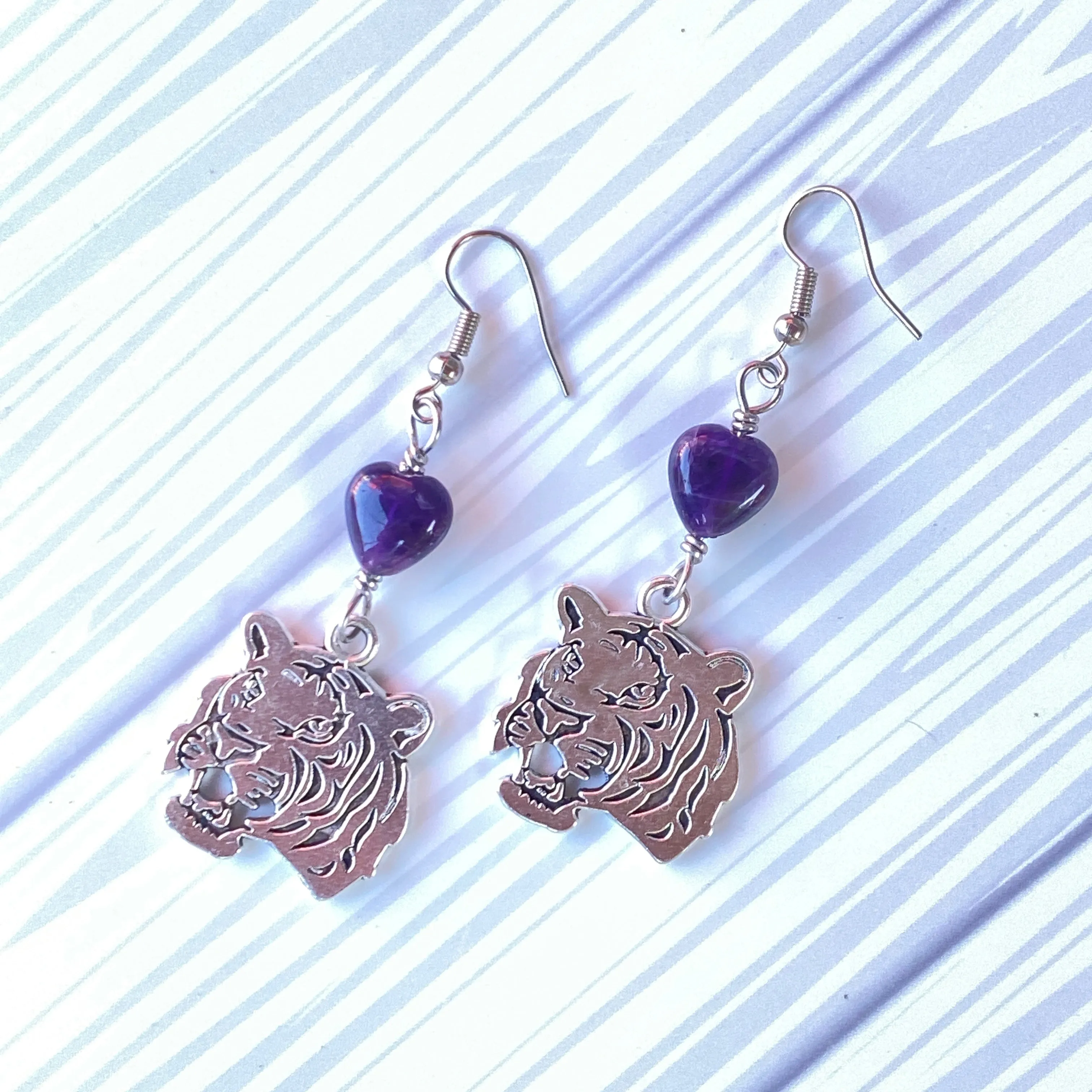 Tiger earrings with amethyst gemstone hearts