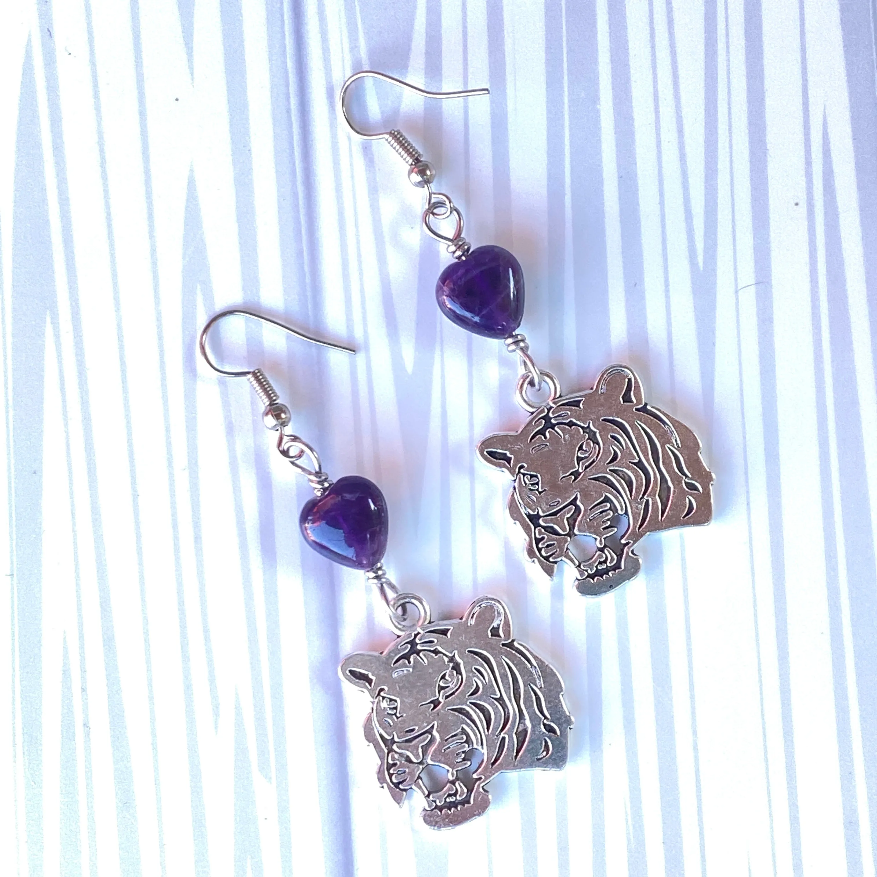 Tiger earrings with amethyst gemstone hearts