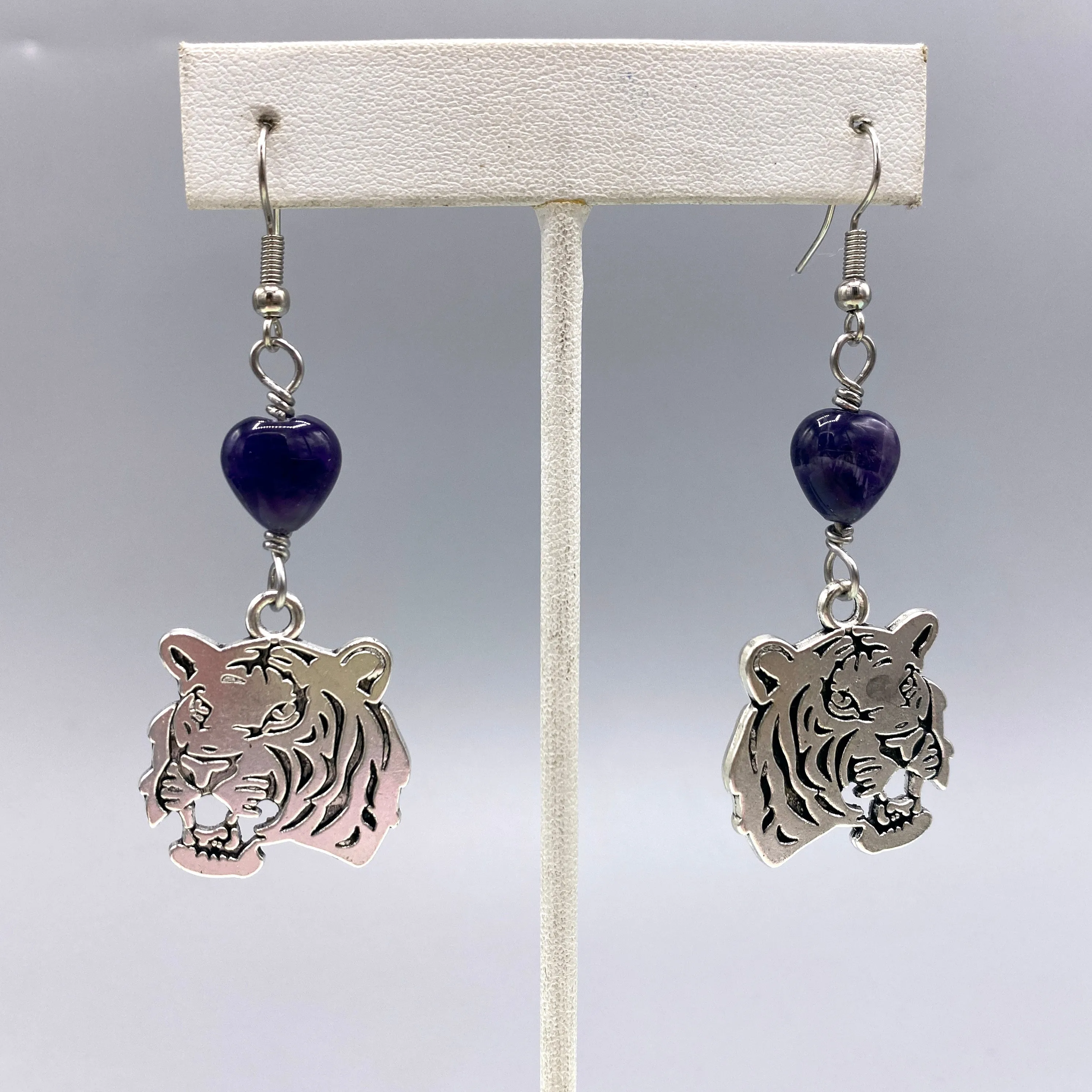 Tiger earrings with amethyst gemstone hearts