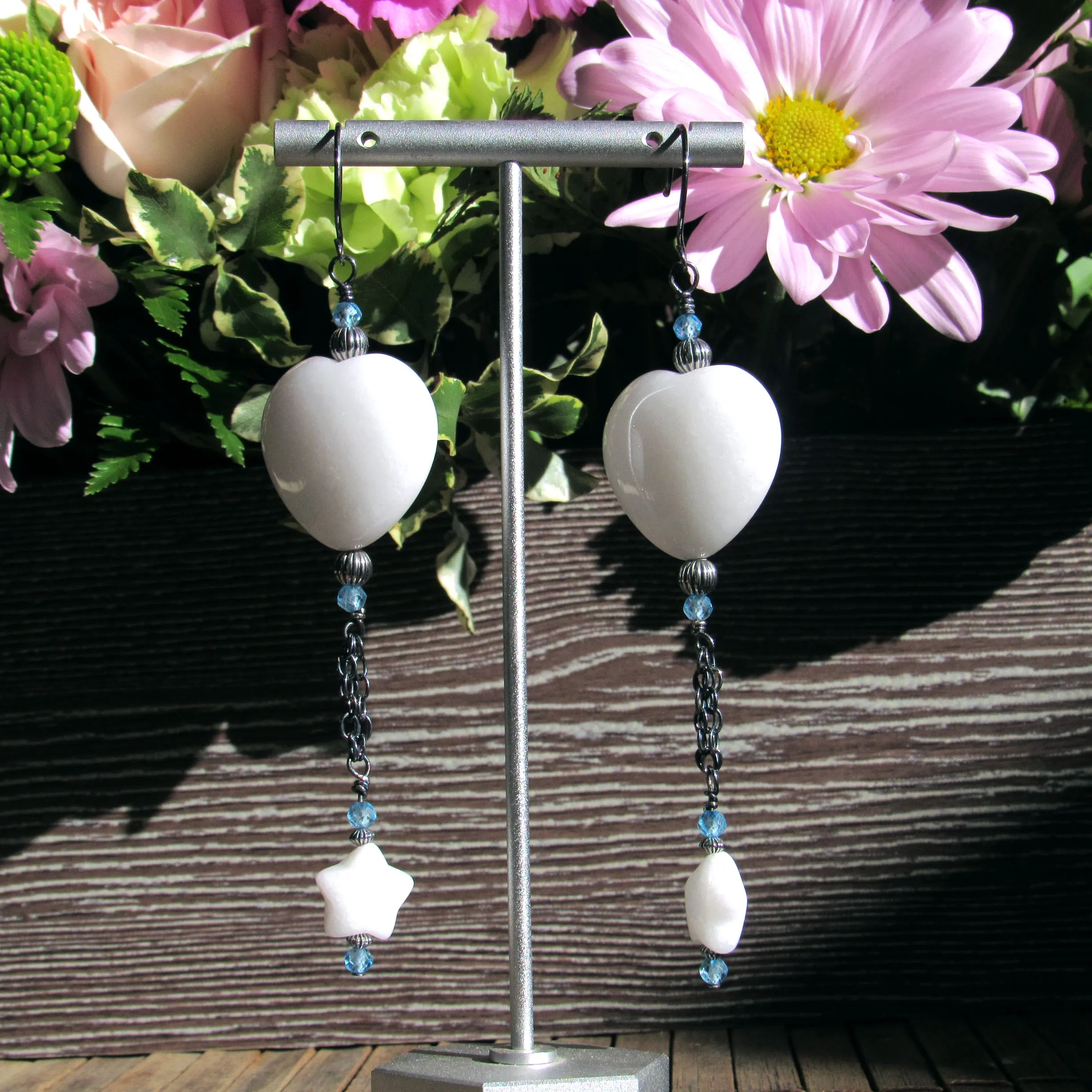 White Jade Gemstone Heart and Star, Blue Topaz, and Oxidized Sterling Silver Drop Earrings