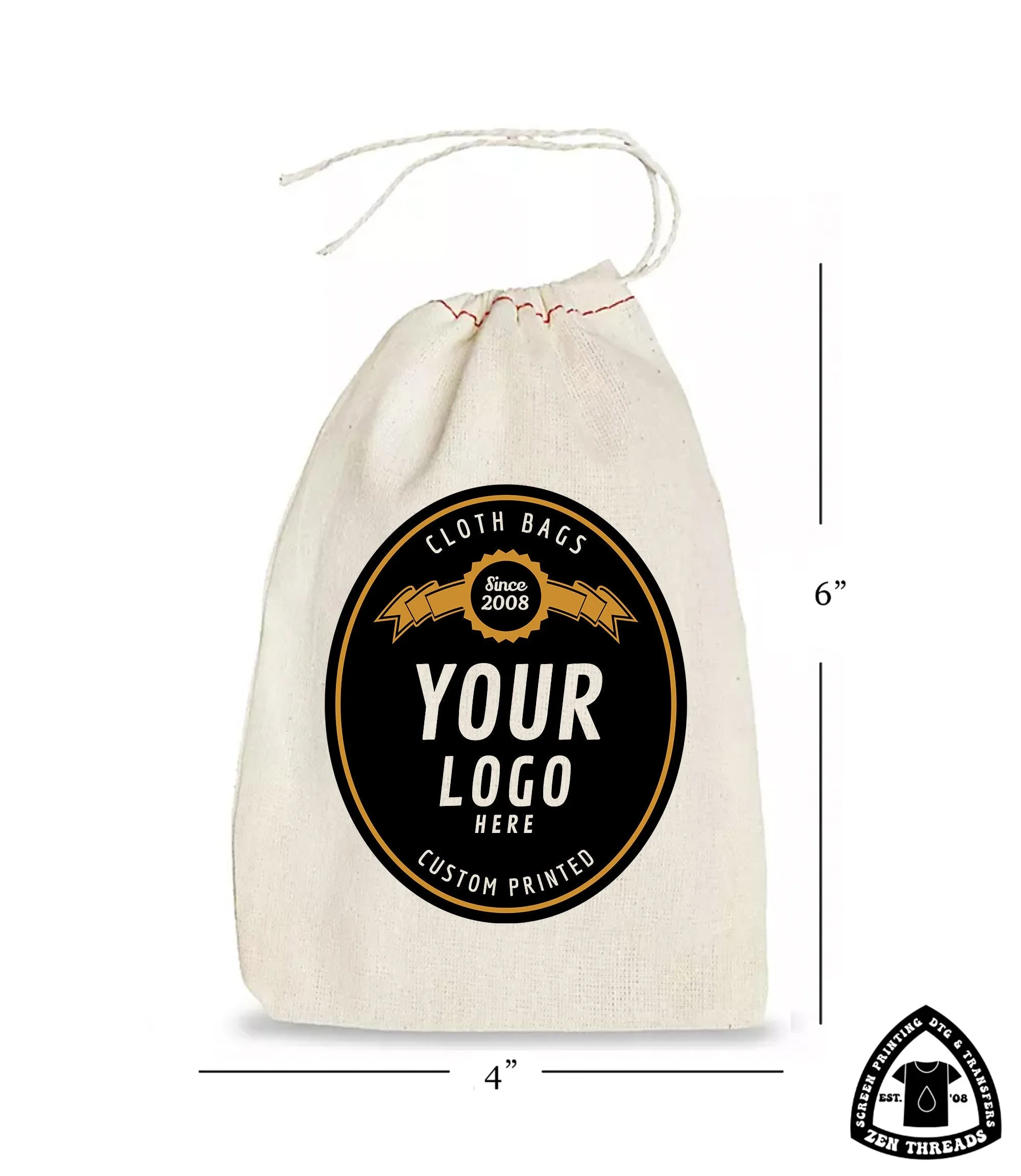 Your Custom Logo! GIFT BAGS Bulk Printed, Small Natural Cotton Eco Reusable Drawstring Cloth for Promo, Crafters, Wedding, Party Favors