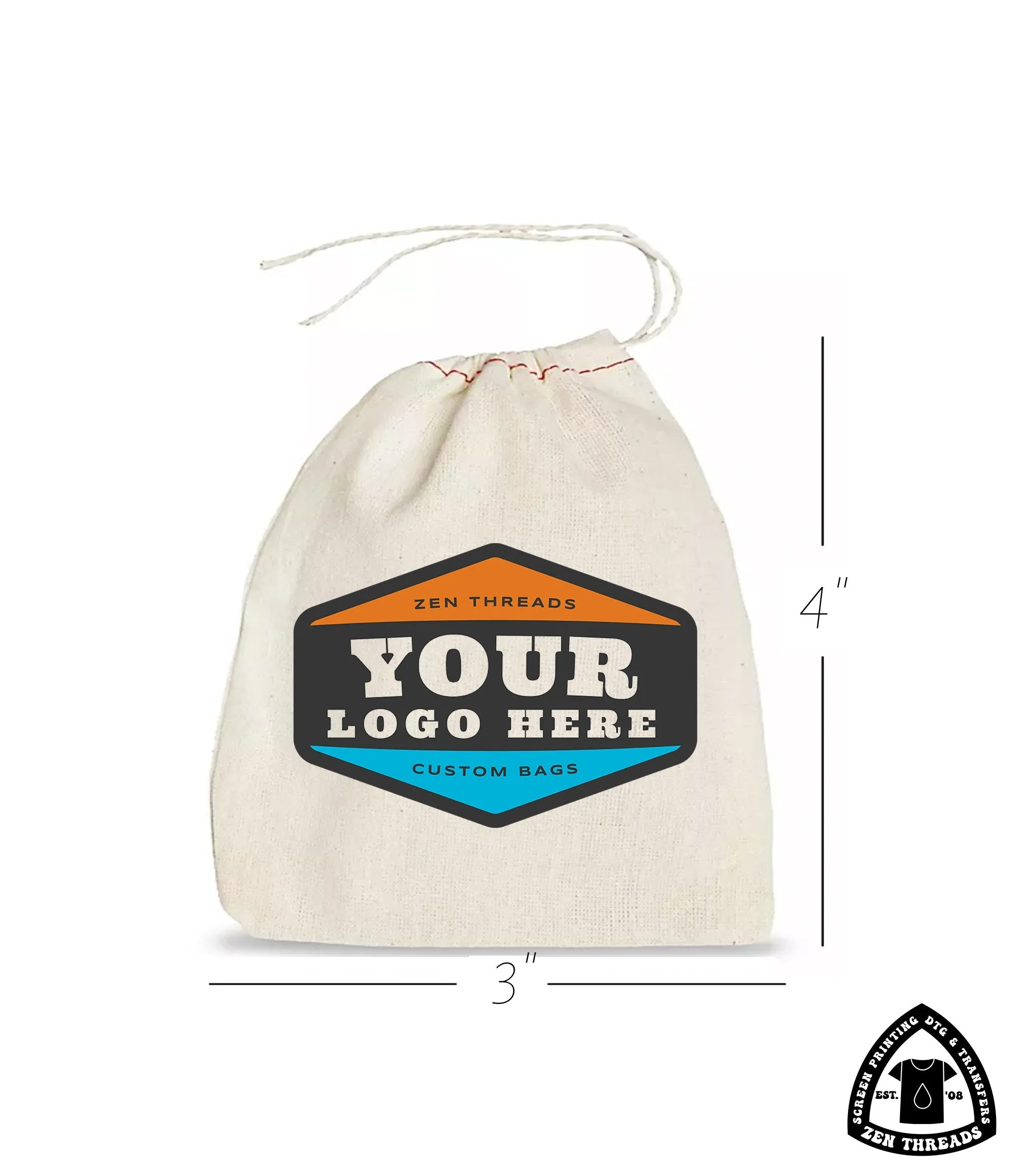 Your Custom Logo! GIFT BAGS Bulk Printed, Small Natural Cotton Eco Reusable Drawstring Cloth for Promo, Crafters, Wedding, Party Favors